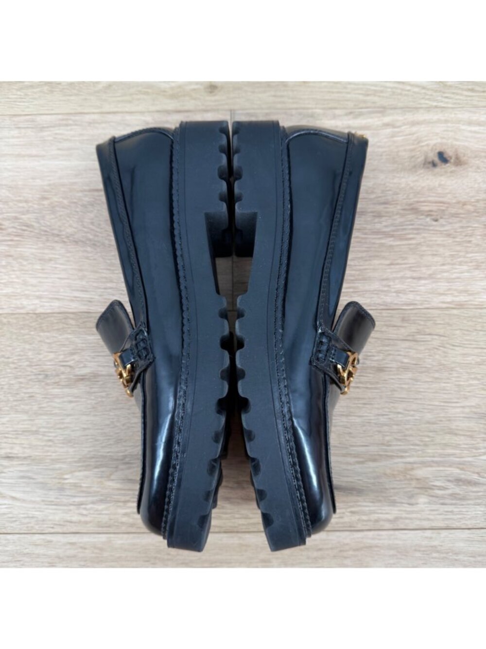 Circus Sam Edelman Ella Lug Sole Loafer Shoe Size 10 Black Patent Gold Platform - Picture 6 of 14